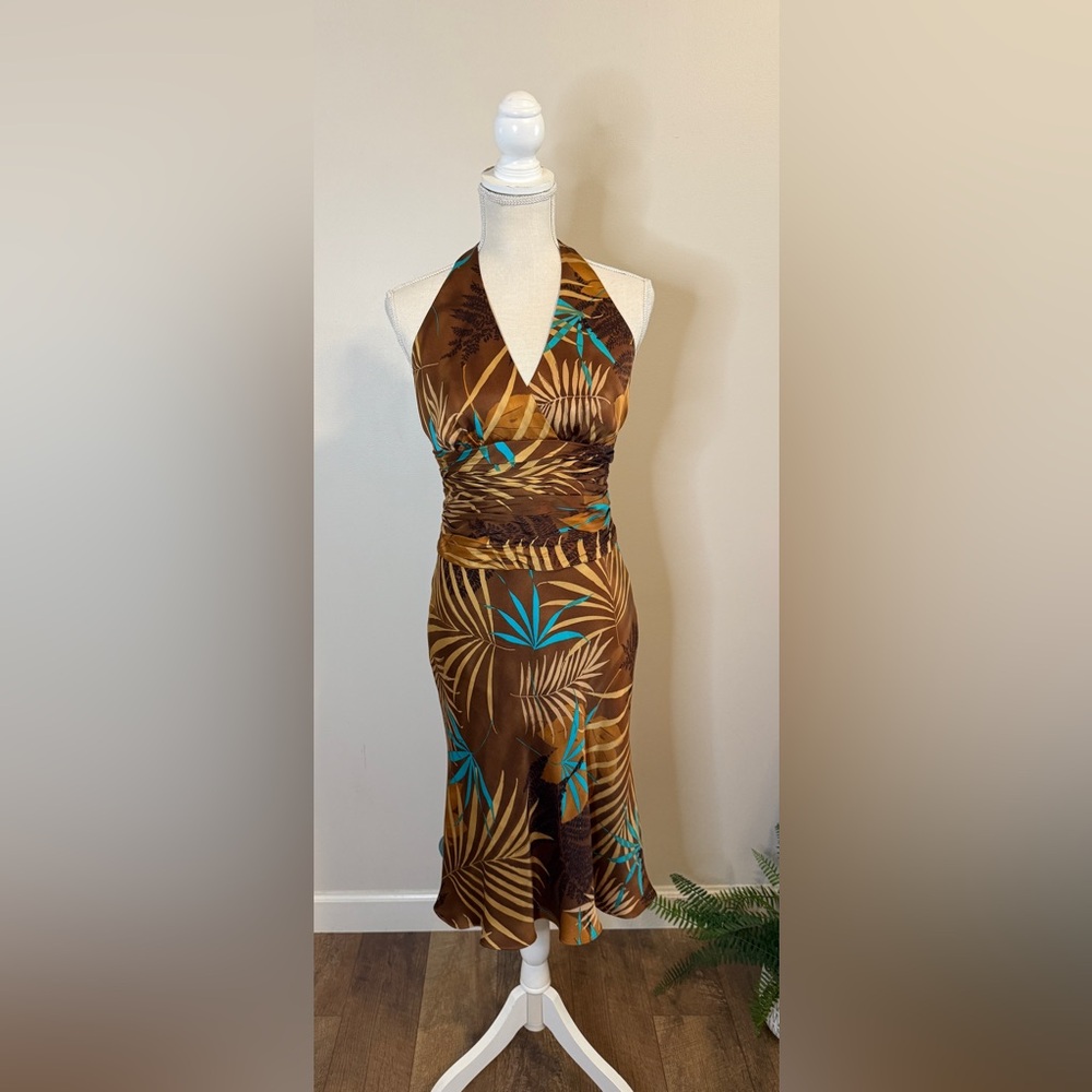 Jones New York Brown Silk Floral Halter Y2K Dress Sz M (34” Chest, 30” Waist)